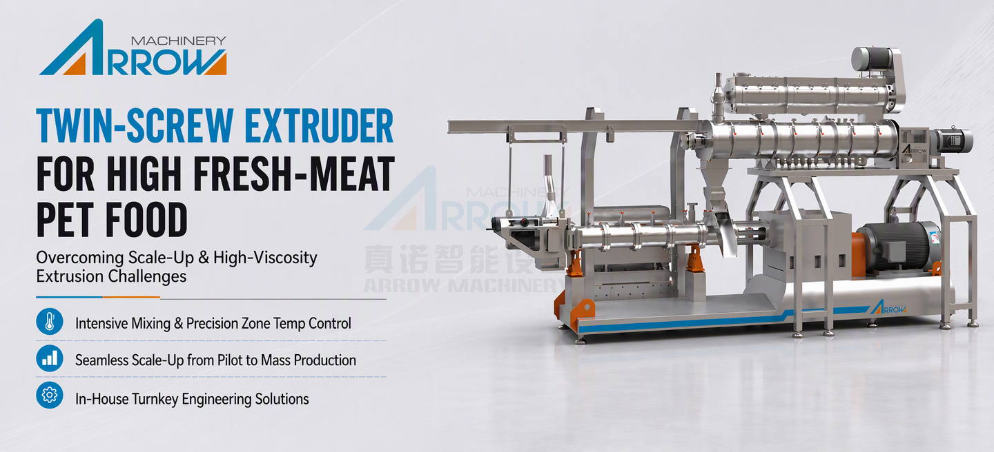 Twin-Screw Extruder for High Fresh-Meat Pet Food - Arrow Machinery Twin-Screw Extruder for High Fresh-Meat Pet Food - Arrow Machinery